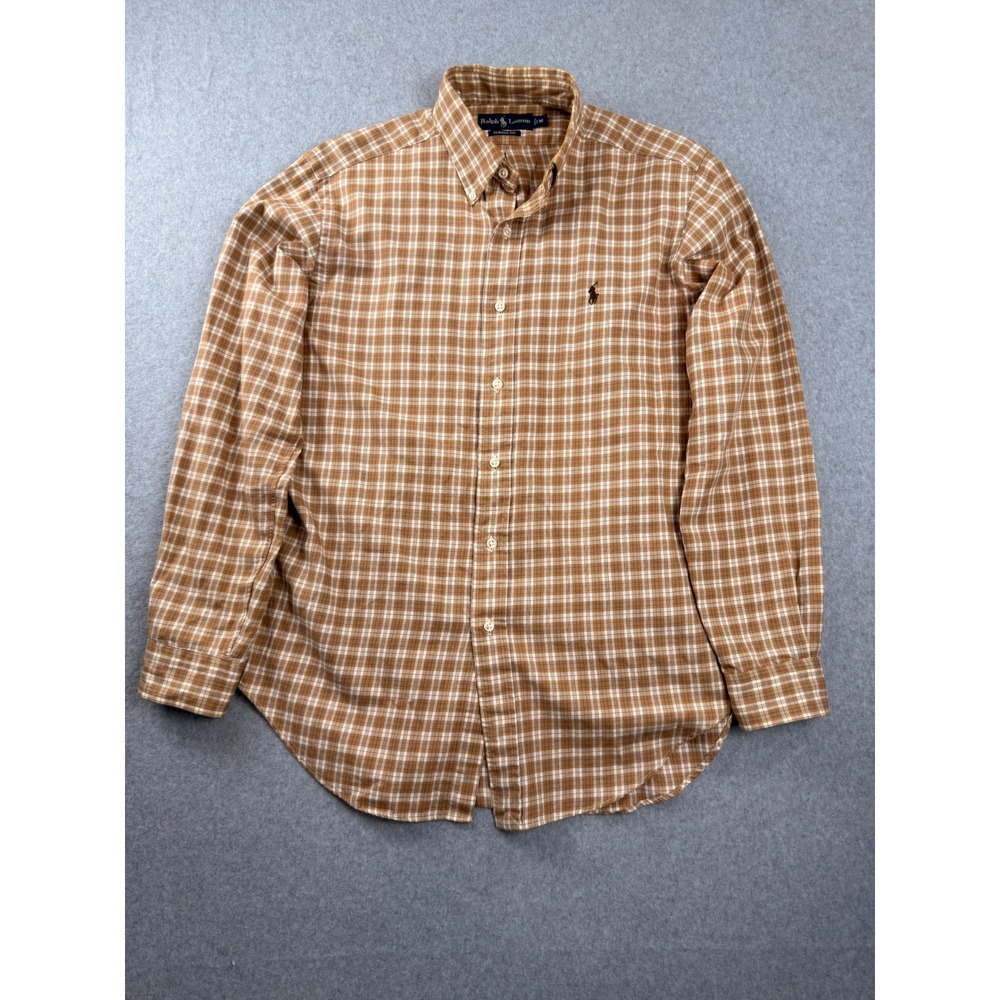 Polo Ralph Lauren Mens Classic Fit Plaid Button Down Shirt Brown Tan Medium